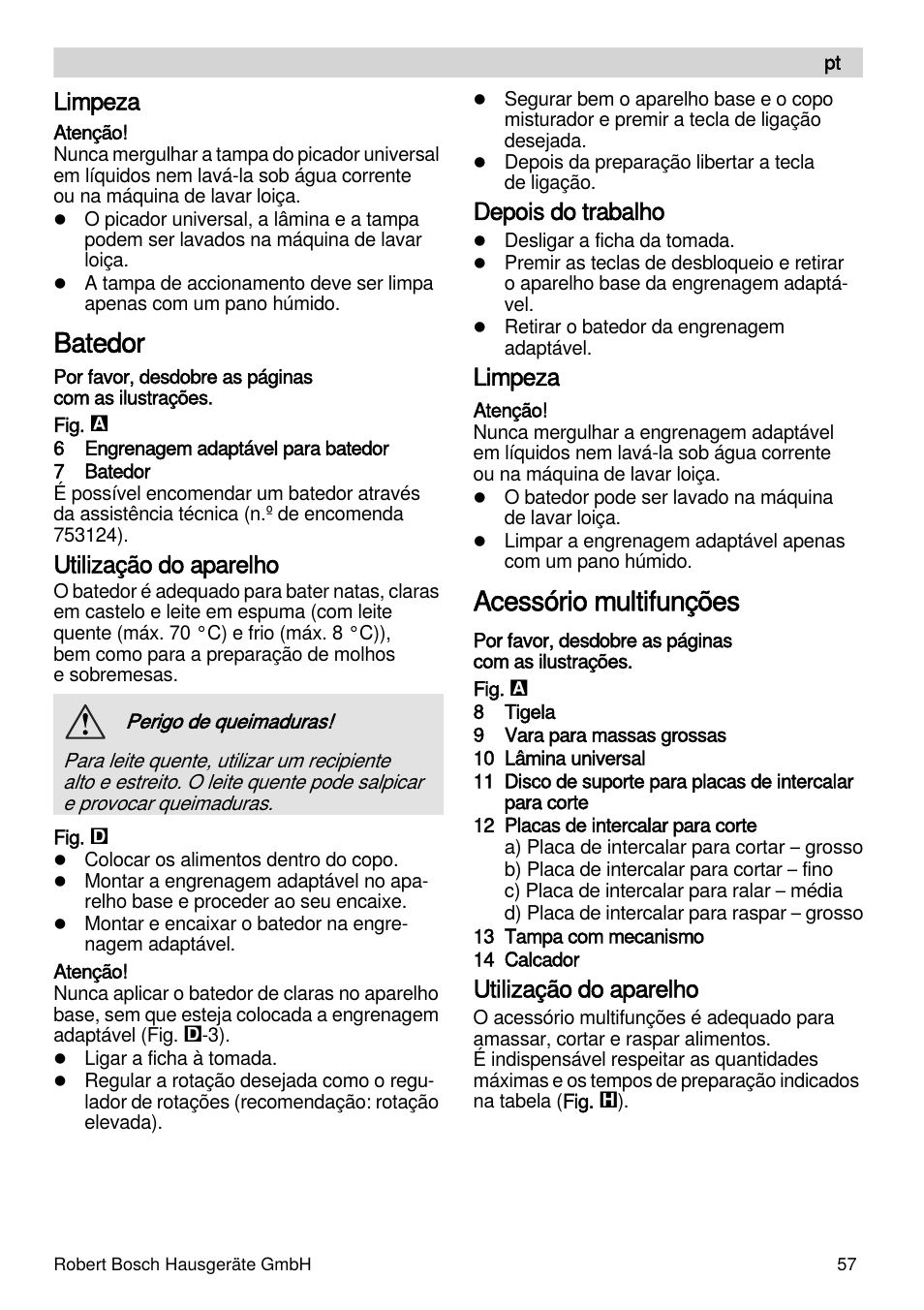 Batedor, Acessório multifunções, Limpeza | Utilização do aparelho, Depois do trabalho | Bosch MSM88190 User Manual | Page 57 / 108