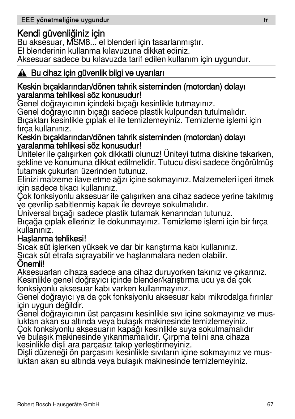 Kendi güvenliğiniz için | Bosch MSM88190 User Manual | Page 67 / 108