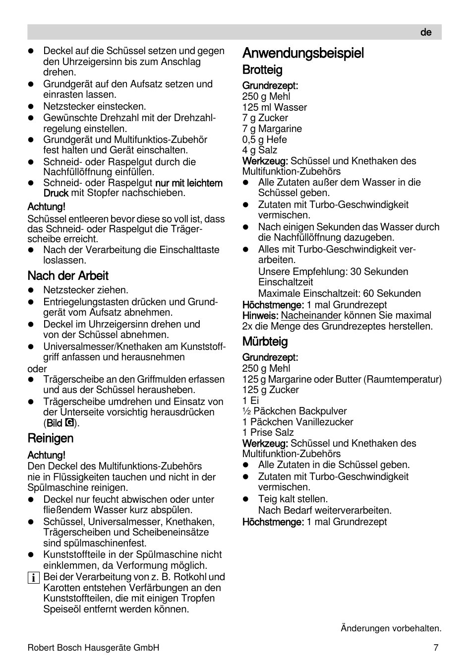 Anwendungsbeispiel, Nach der arbeit, Reinigen | Brotteig, Mürbteig | Bosch MSM88190 User Manual | Page 7 / 108