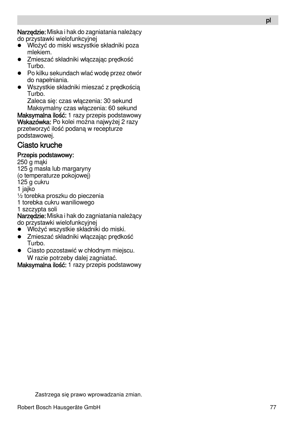 Ciasto kruche | Bosch MSM88190 User Manual | Page 77 / 108