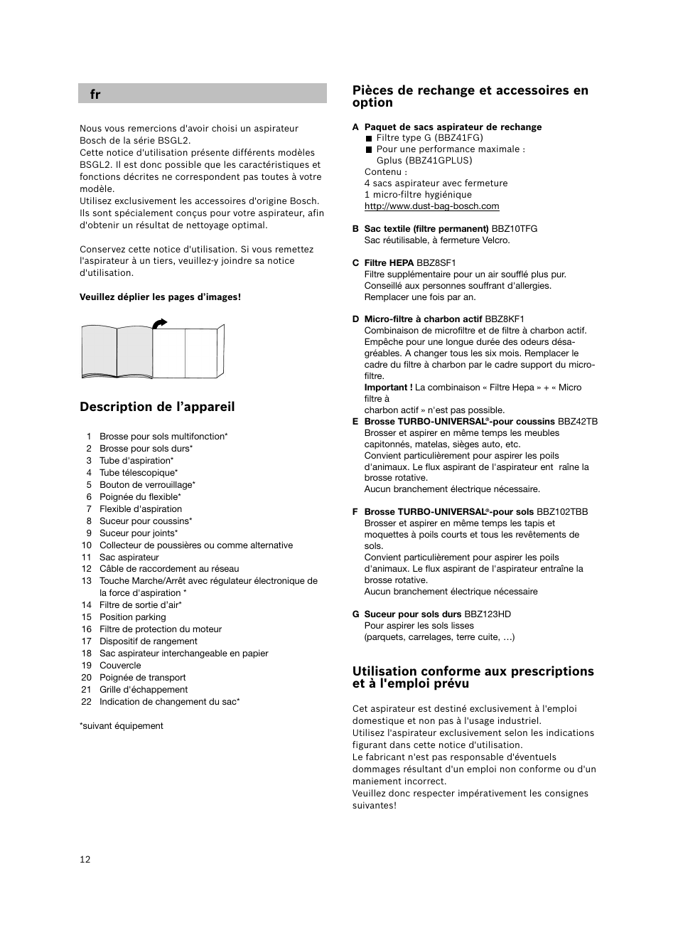 Description de l’appareil, Pièces de rechange et accessoires en option | Bosch BSGL2MOV30 User Manual | Page 13 / 114