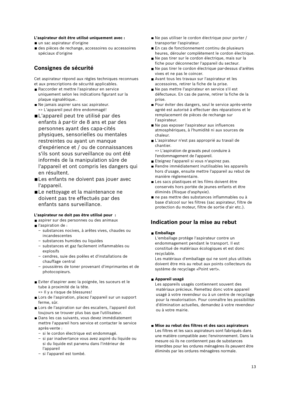 Consignes de sécurité, Indication pour la mise au rebut | Bosch BSGL2MOV30 User Manual | Page 14 / 114