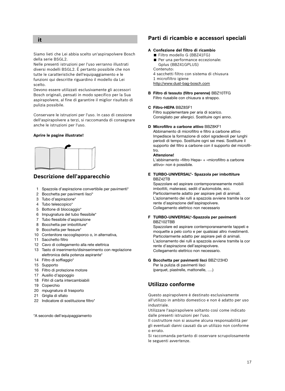 Parti di ricambio e accessori speciali, Utilizzo conforme, Descrizione dell’apparecchio | Bosch BSGL2MOV30 User Manual | Page 18 / 114