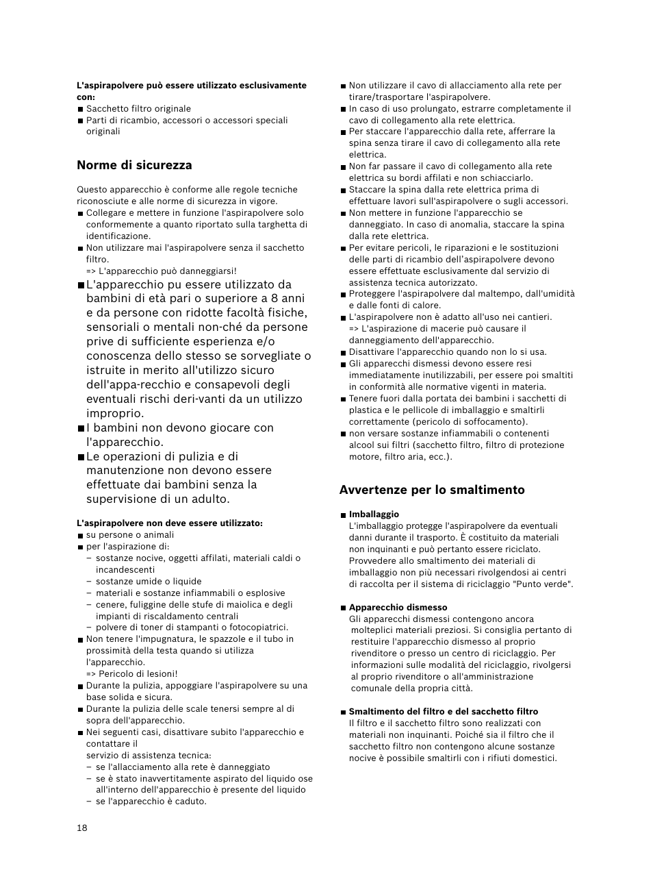 Norme di sicurezza, Avvertenze per lo smaltimento | Bosch BSGL2MOV30 User Manual | Page 19 / 114