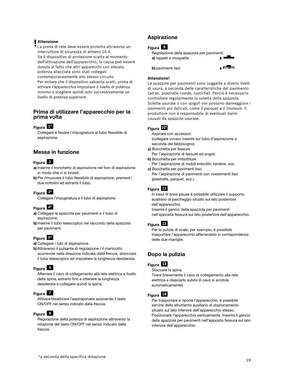 Messa in funzione, Aspirazione, Dopo la pulizia | Bosch BSGL2MOV30 User Manual | Page 20 / 114