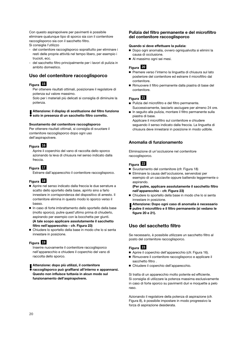 Uso del contenitore raccoglisporco, Uso del sacchetto filtro | Bosch BSGL2MOV30 User Manual | Page 21 / 114