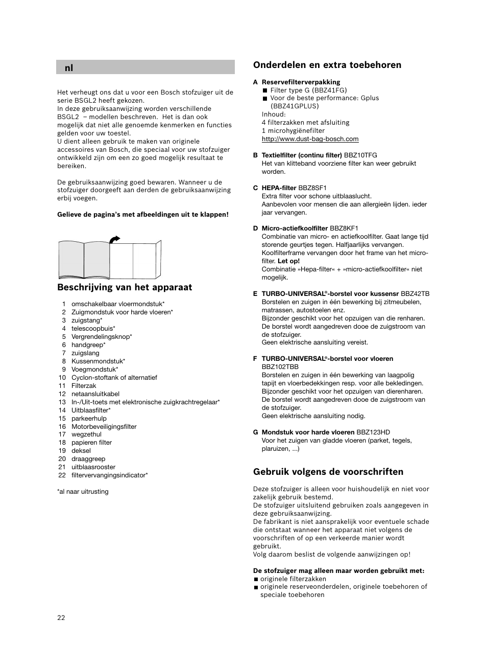 Onderdelen en extra toebehoren, Gebruik volgens de voorschriften, Beschrijving van het apparaat | Bosch BSGL2MOV30 User Manual | Page 23 / 114