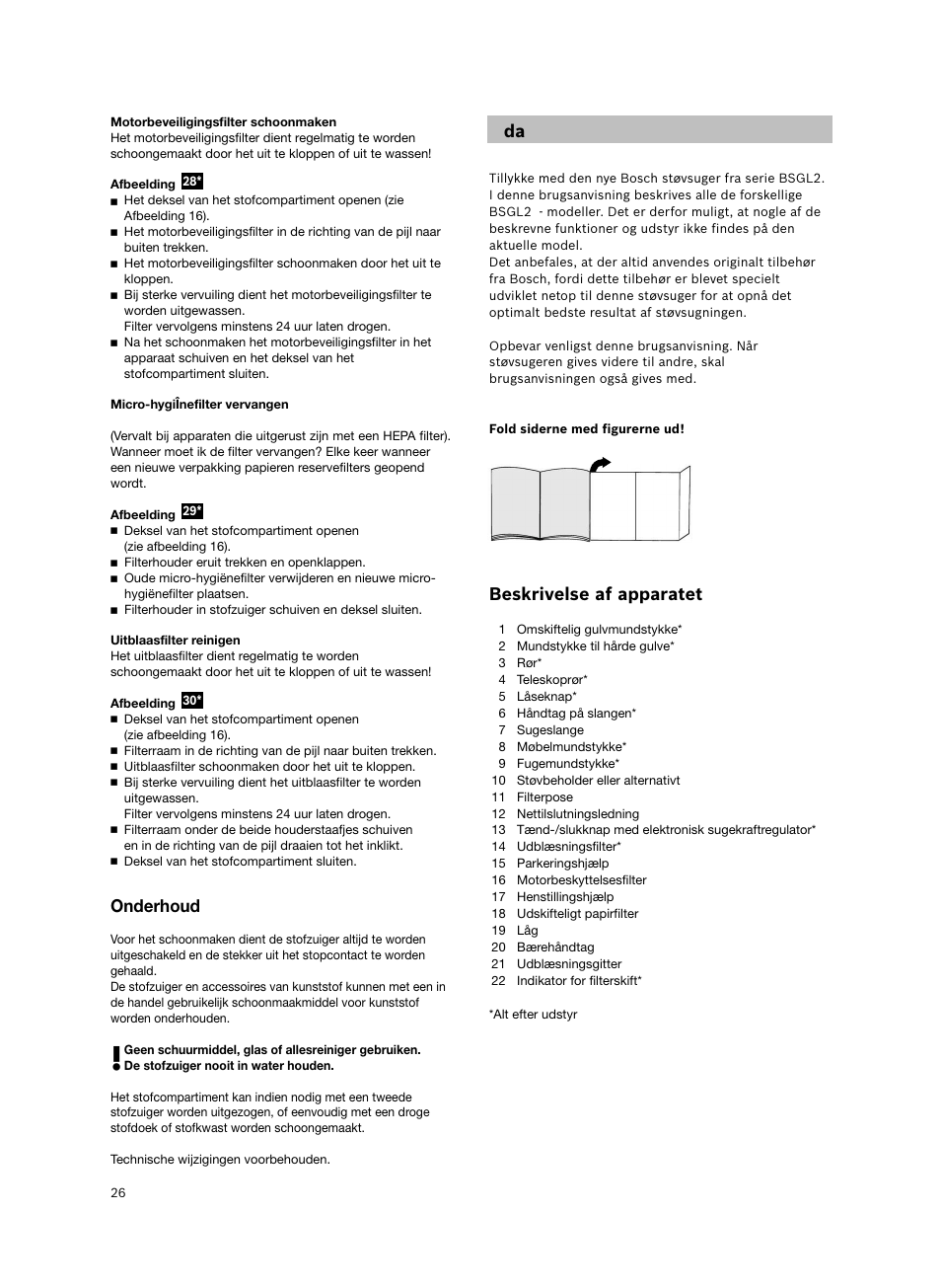 Beskrivelse af apparatet, Onderhoud | Bosch BSGL2MOV30 User Manual | Page 27 / 114