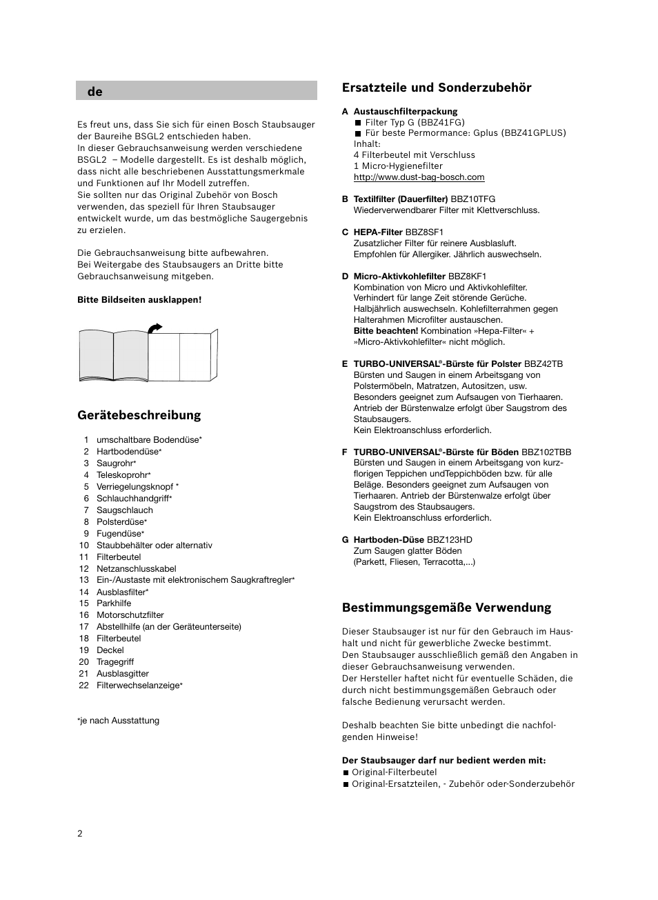 Gerätebeschreibung, Ersatzteile und sonderzubehör, Bestimmungsgemäße verwendung | Bosch BSGL2MOV30 User Manual | Page 3 / 114