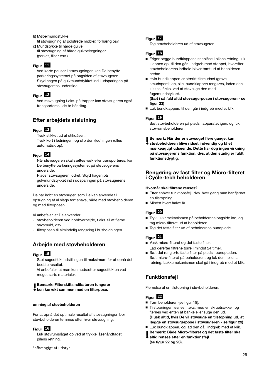 Efter arbejdets afslutning, Arbejde med støvbeholderen, Funktionsfejl | Bosch BSGL2MOV30 User Manual | Page 30 / 114