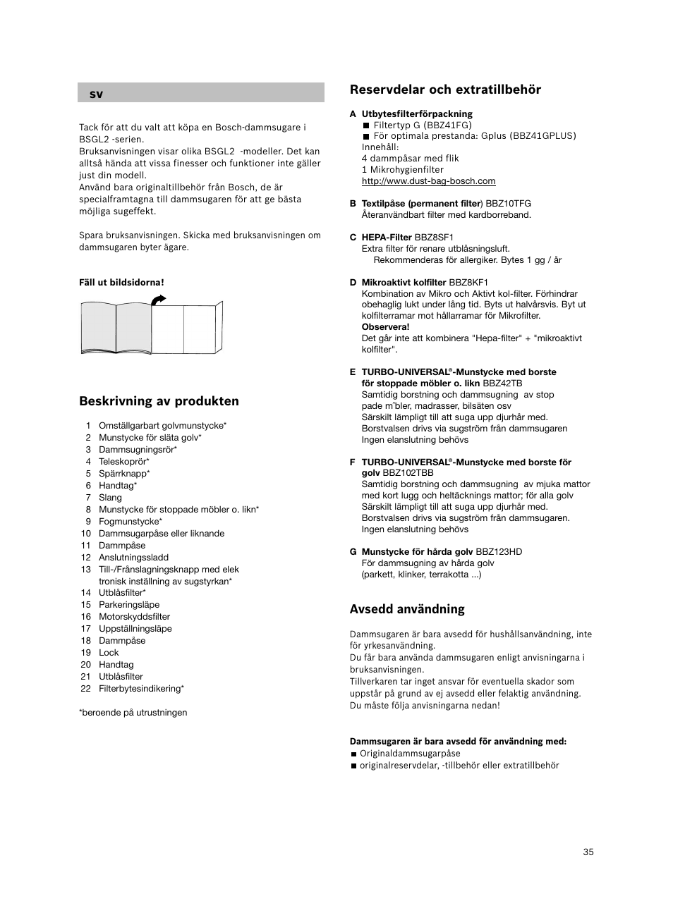 Reservdelar och extratillbehör, Avsedd användning, Beskrivning av produkten | Bosch BSGL2MOV30 User Manual | Page 36 / 114