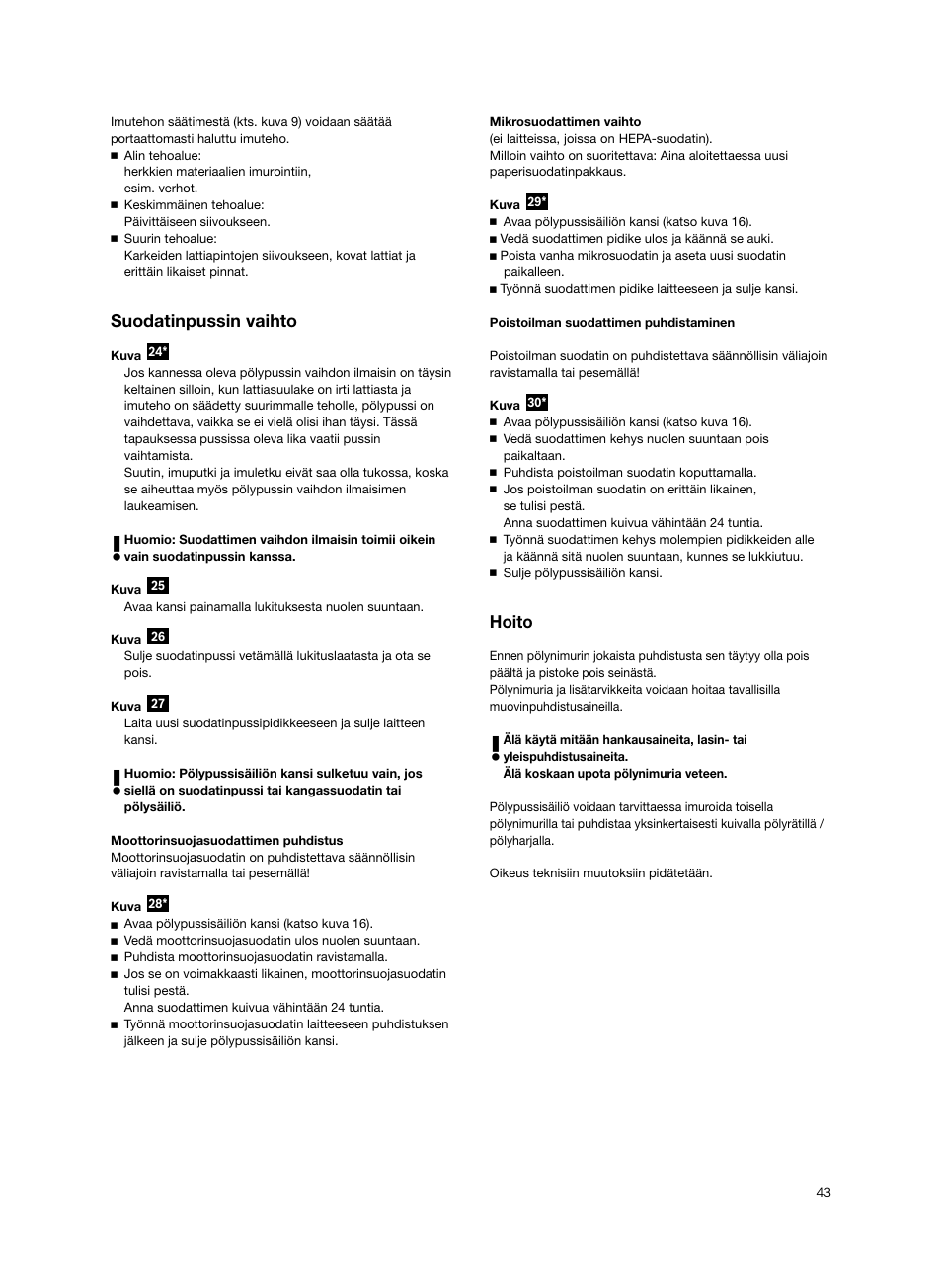 Suodatinpussin vaihto, Hoito | Bosch BSGL2MOV30 User Manual | Page 44 / 114