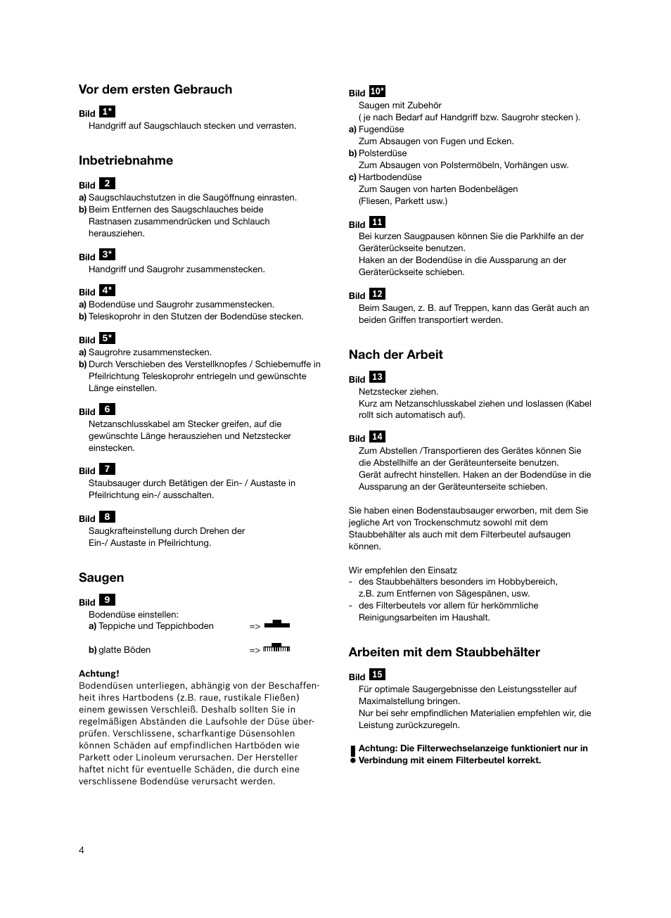 Vor dem ersten gebrauch, Inbetriebnahme, Saugen | Nach der arbeit, Arbeiten mit dem staubbehälter | Bosch BSGL2MOV30 User Manual | Page 5 / 114