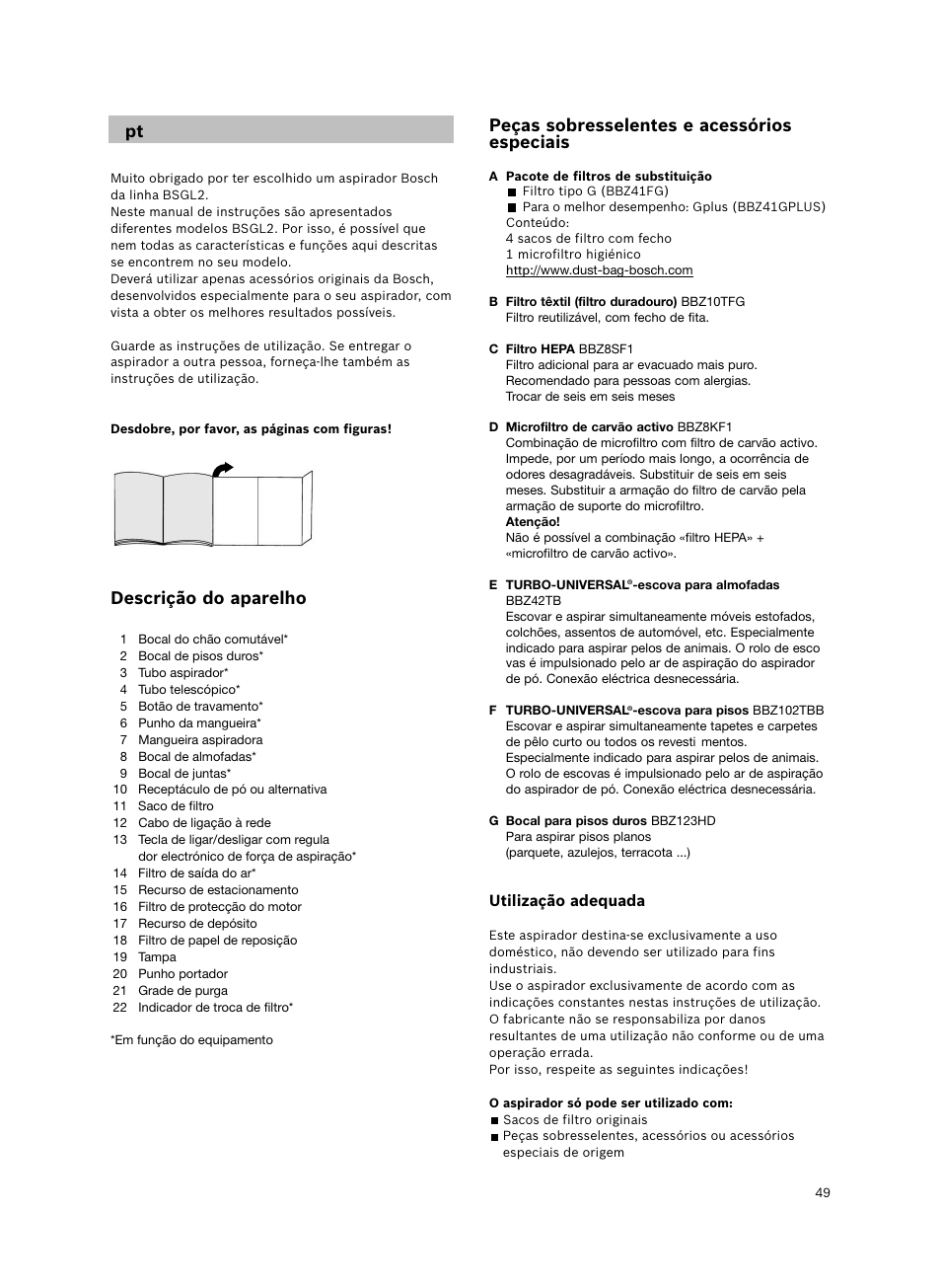 Peças sobresselentes e acessórios especiais, Descrição do aparelho | Bosch BSGL2MOV30 User Manual | Page 50 / 114