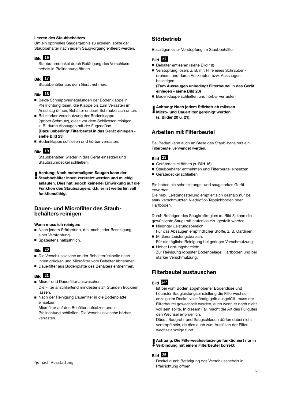 Störbetrieb, Arbeiten mit filterbeutel, Filterbeutel austauschen | Bosch BSGL2MOV30 User Manual | Page 6 / 114