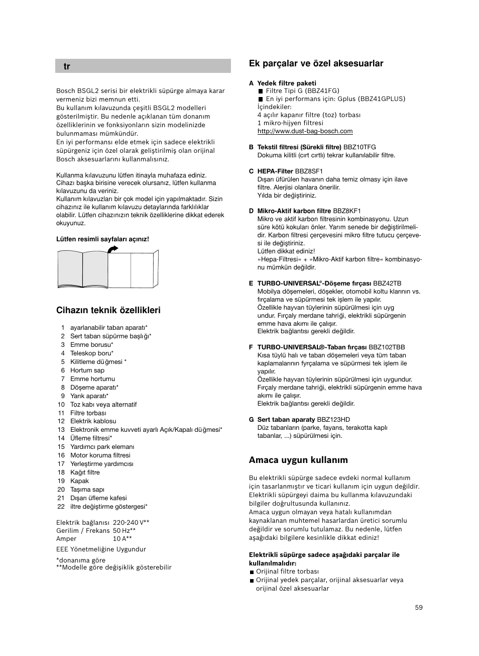 Cihaz∂n teknik özellikleri, Ek parçalar ve özel aksesuarlar, Amaca uygun kullanım | Bosch BSGL2MOV30 User Manual | Page 60 / 114