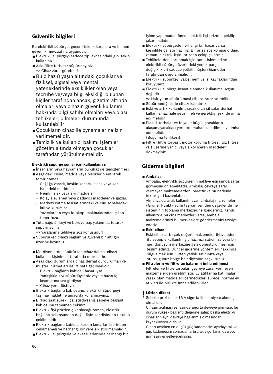 Güvenlik bilgileri, Giderme bilgileri | Bosch BSGL2MOV30 User Manual | Page 61 / 114