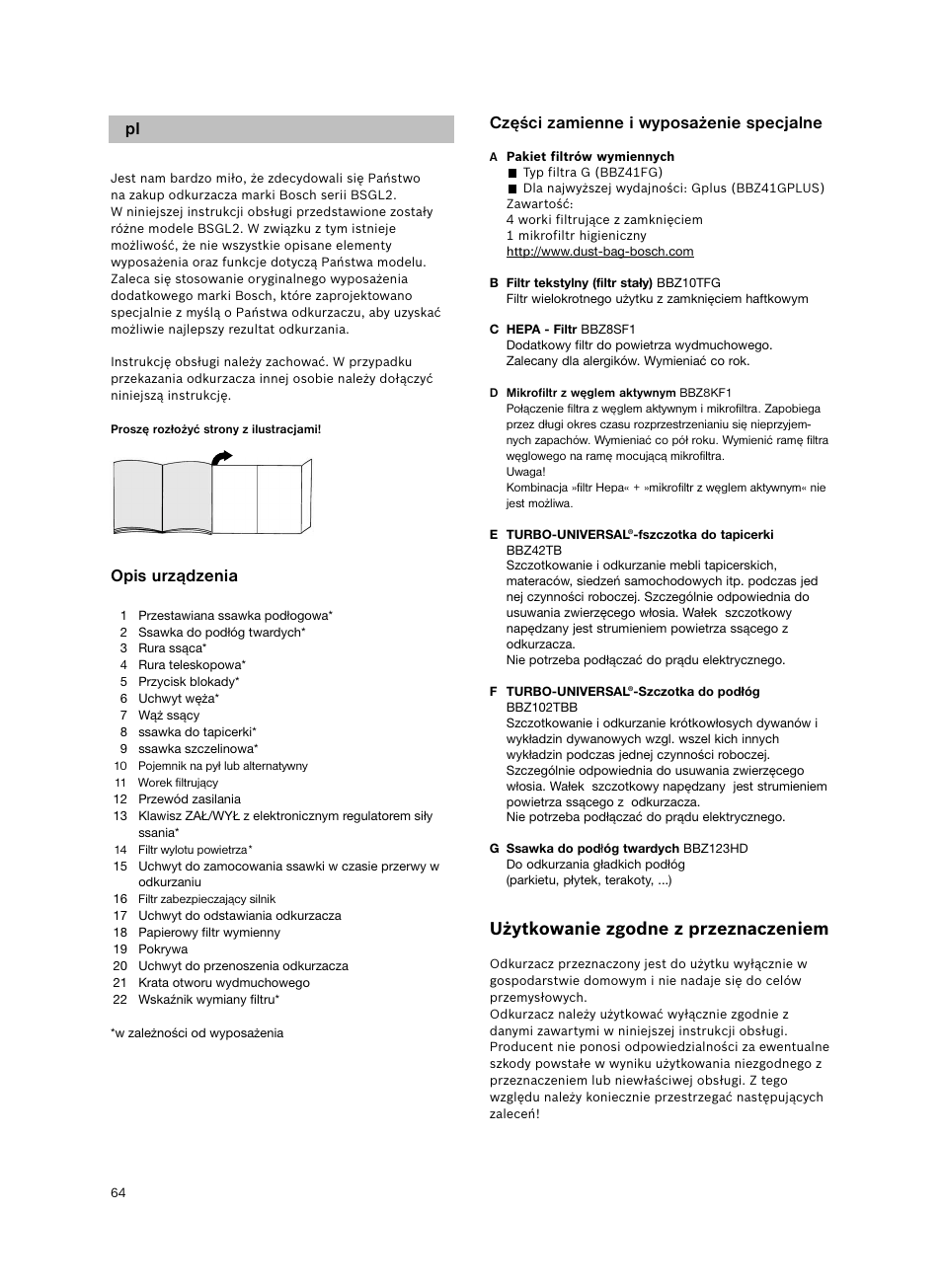 Części zamienne i wyposażenie specjalne, Użytkowanie zgodne z przeznaczeniem, Opis urządzenia | Bosch BSGL2MOV30 User Manual | Page 65 / 114