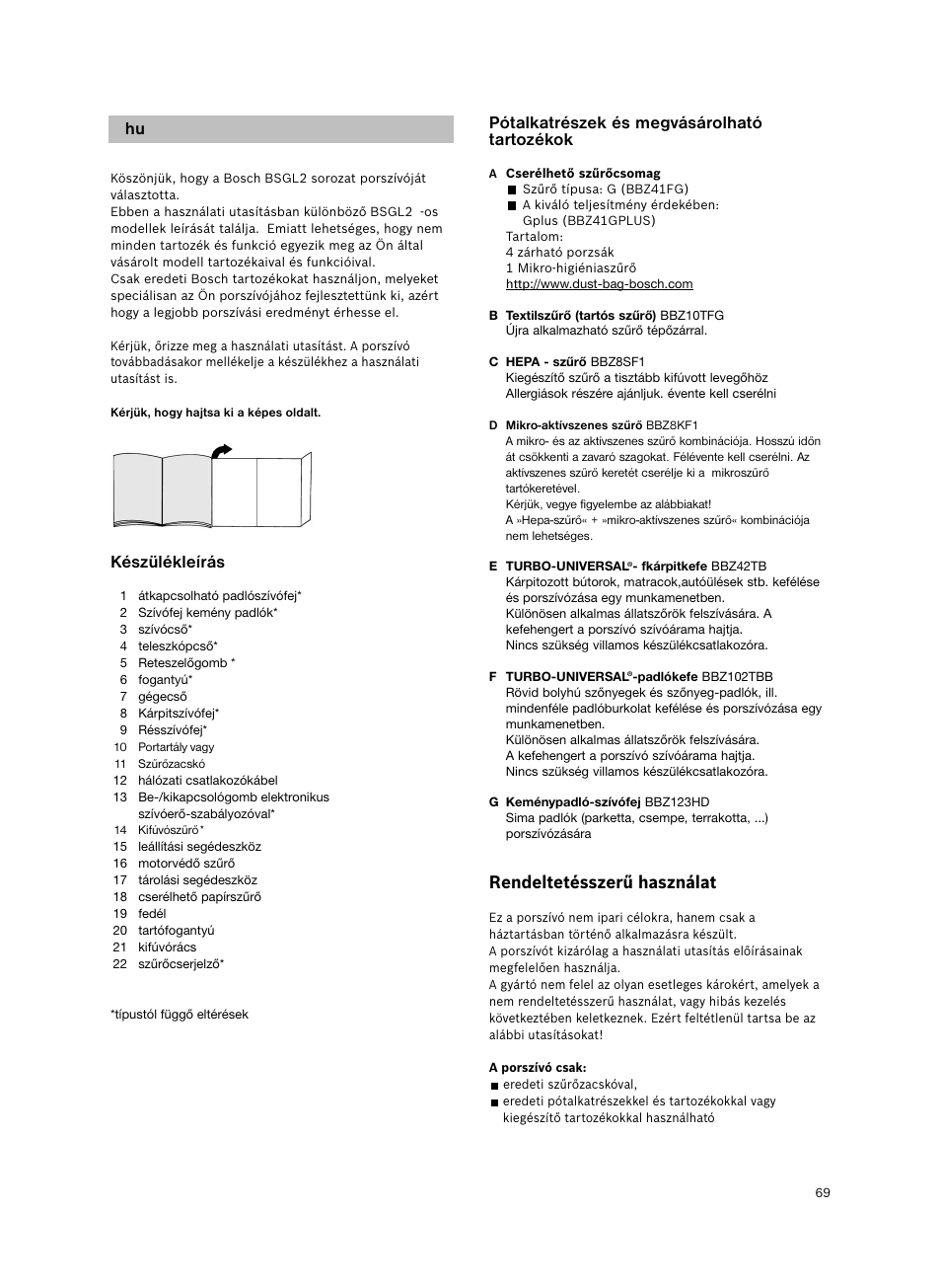 Készülékleírás, Pótalkatrészek és megvásárolható tartozékok, Rendeltetésszerű használat | Bosch BSGL2MOV30 User Manual | Page 70 / 114