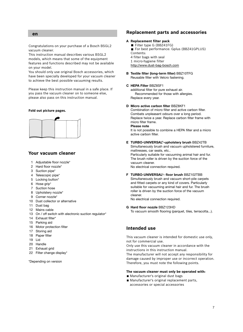 Replacement parts and accessories, Intended use, Your vacuum cleaner | Bosch BSGL2MOV30 User Manual | Page 8 / 114