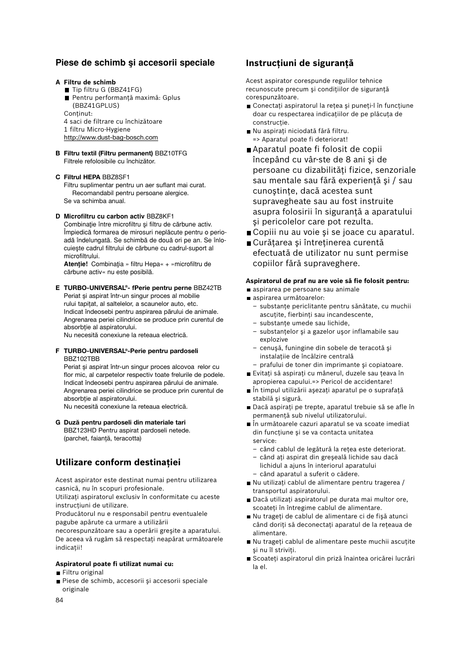 Piese de schimb µi accesorii speciale, Utilizare conform destinaţiei, Instrucţiuni de siguranţă | Bosch BSGL2MOV30 User Manual | Page 85 / 114