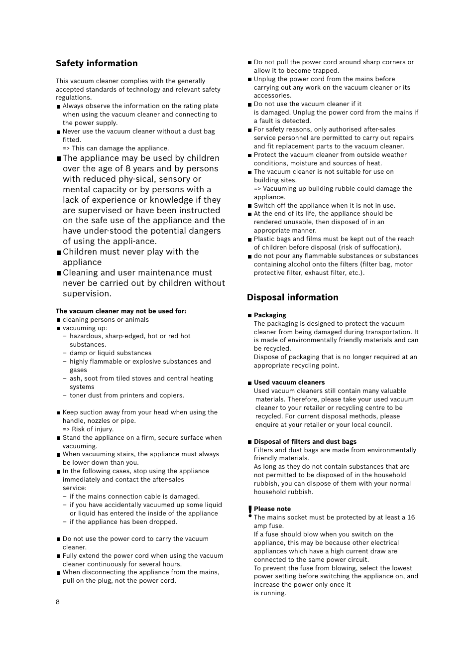 Safety information, Disposal information | Bosch BSGL2MOV30 User Manual | Page 9 / 114