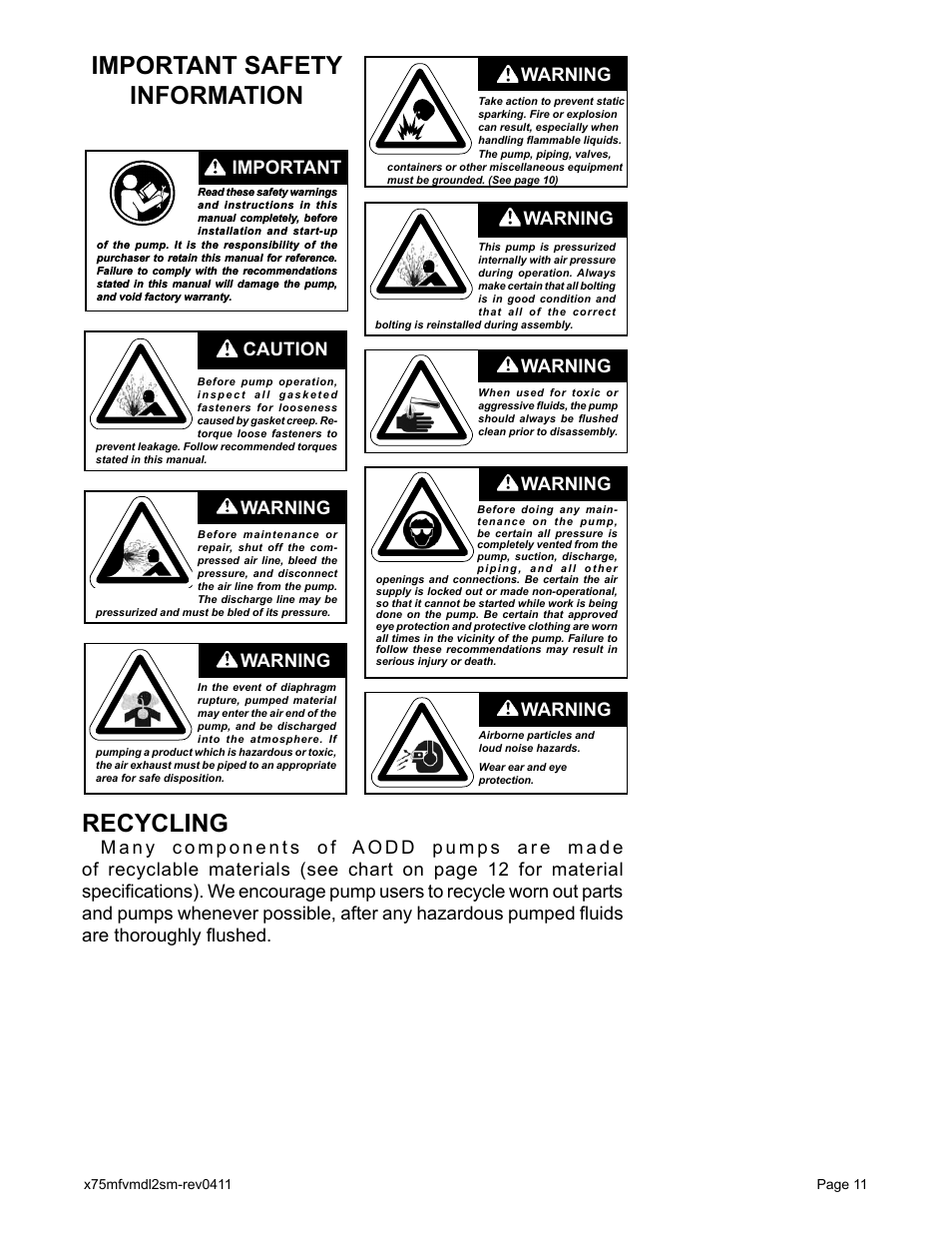 Important safety information, Recycling, Warning | Caution, Warning important | Blagdon Pump X75 Metallic Flap Valve User Manual | Page 13 / 19