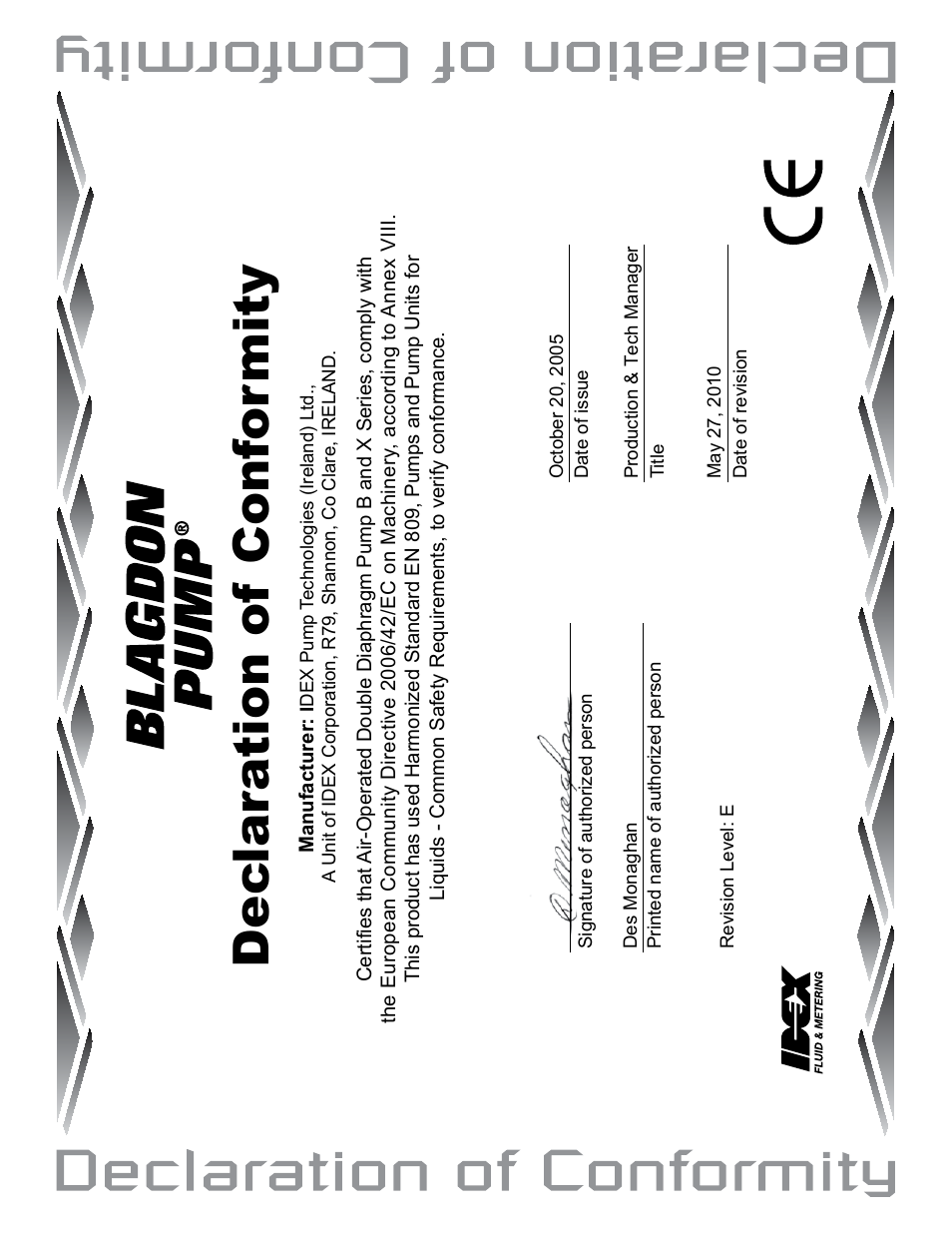 Dec lar ation of conf or mity | Blagdon Pump X75 Metallic Flap Valve User Manual | Page 18 / 19