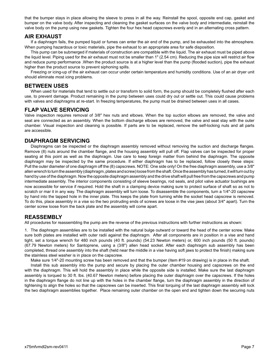 Air exhaust, Between uses, Flap valve servicing | Diaphragm servicing, Reassembly | Blagdon Pump X75 Metallic Flap Valve User Manual | Page 9 / 19