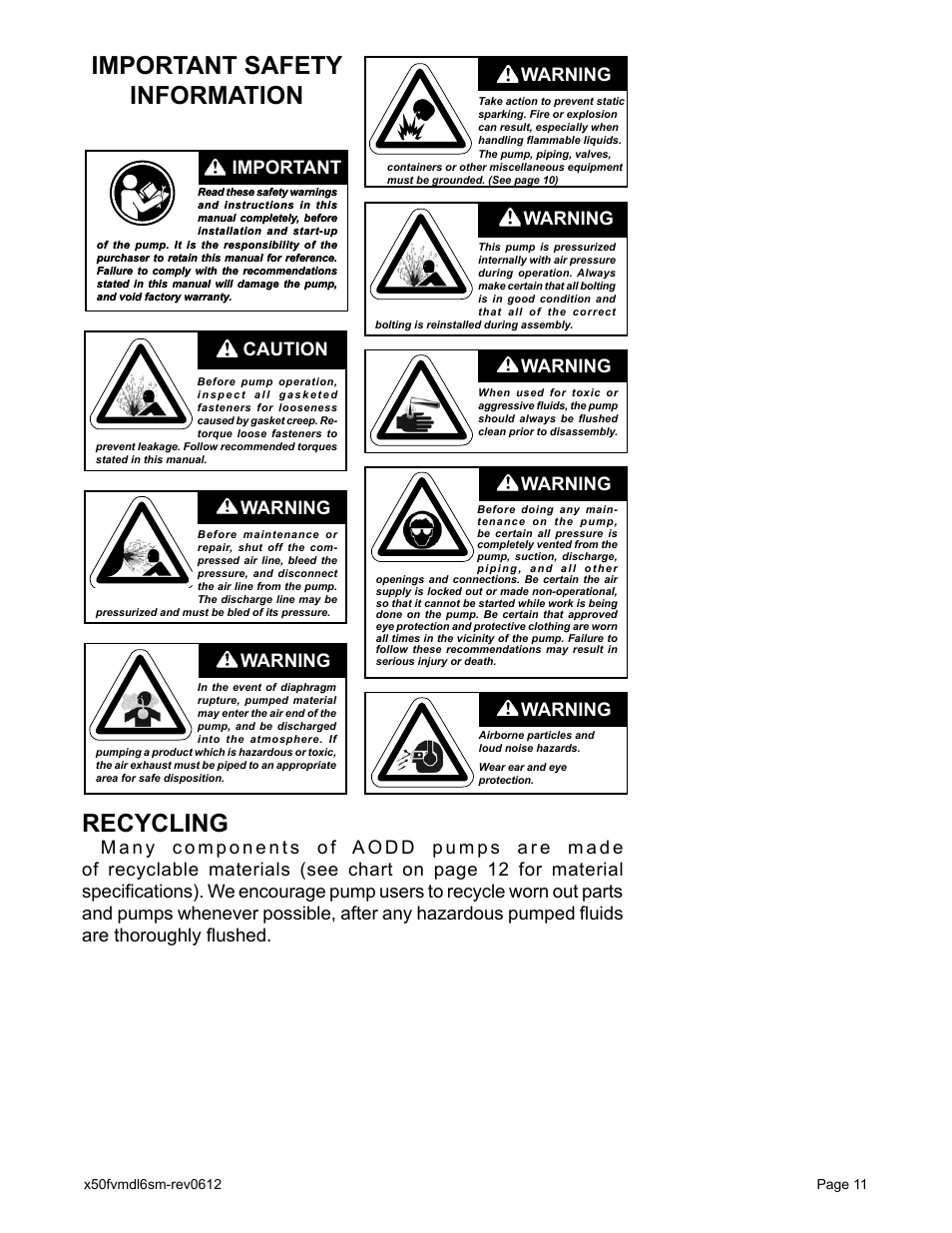 Important safety information, Recycling, Warning | Caution, Warning important | Blagdon Pump X50 Metallic Flap Valve User Manual | Page 13 / 19