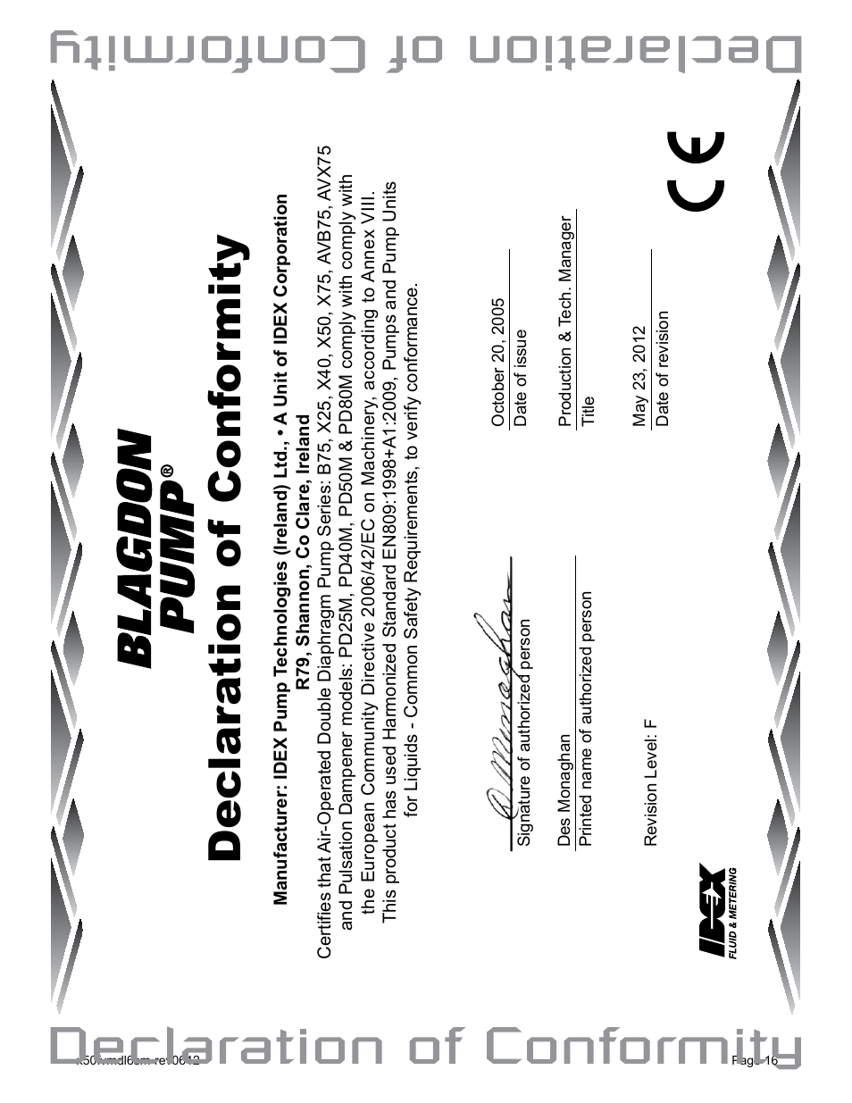 Dec lar ation of conf or mity | Blagdon Pump X50 Metallic Flap Valve User Manual | Page 18 / 19
