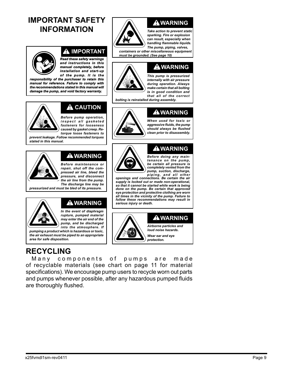 Important safety information, Recycling, Warning | Caution, Warning important | Blagdon Pump X25 Metallic User Manual | Page 11 / 18