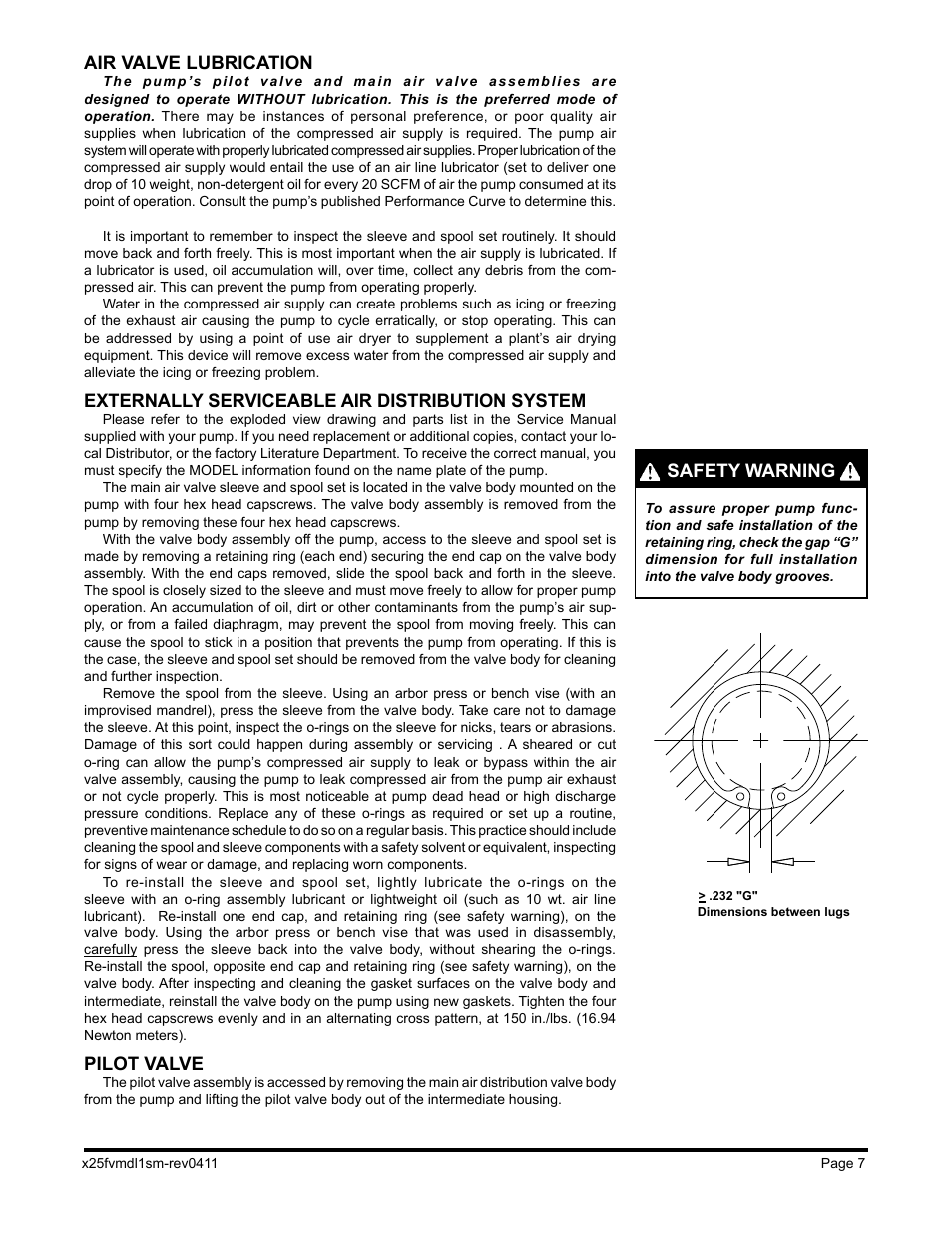 Air valve lubrication, Externally serviceable air distribution system, Pilot valve | Safety warning | Blagdon Pump X25 Metallic User Manual | Page 9 / 18