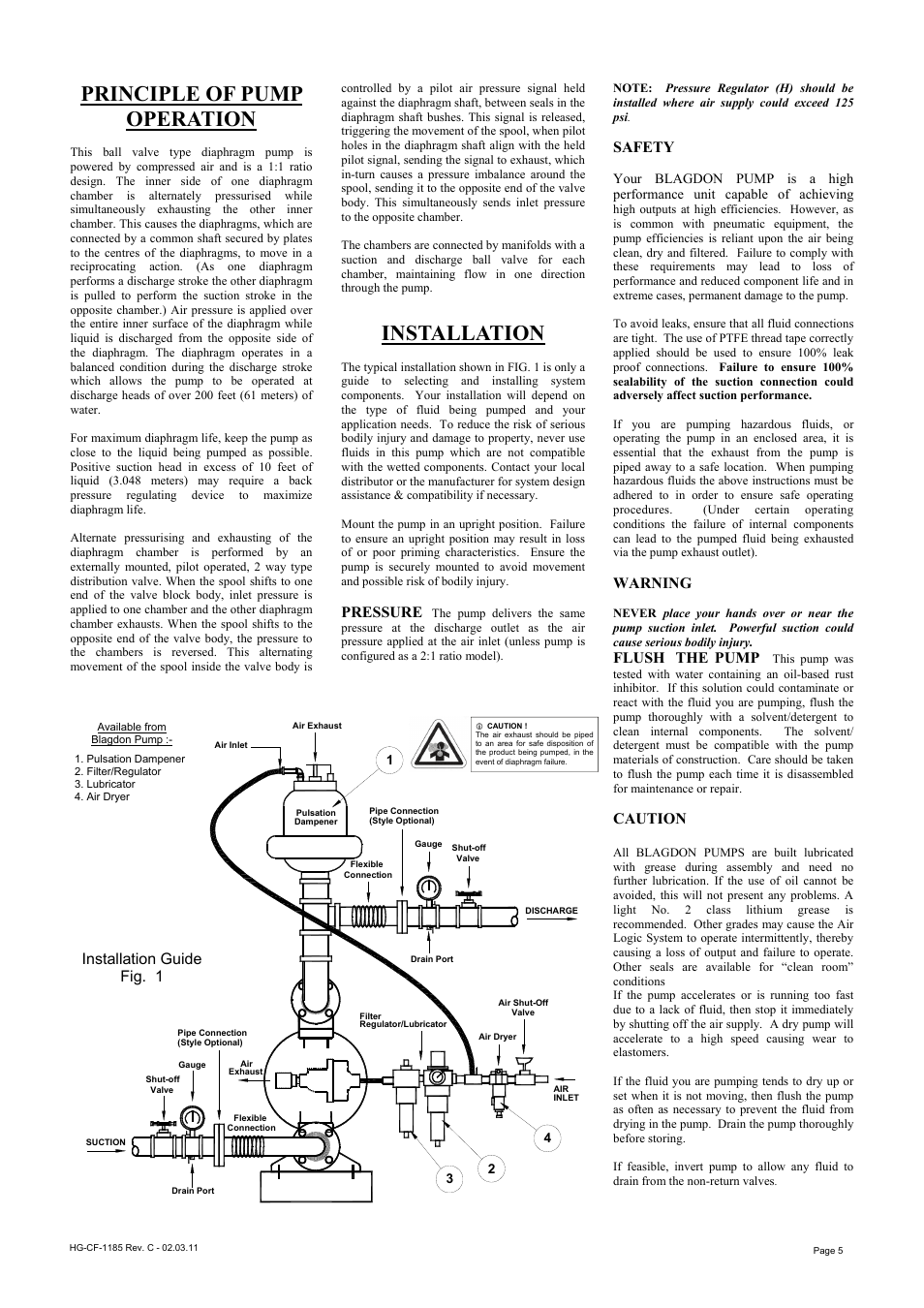 Principle of pump operation, Installation, Pressure | Safety, Warning, Flush the pump, Caution, Installation guide fig. 1 | Blagdon Pump X40 Aluminium User Manual | Page 5 / 12