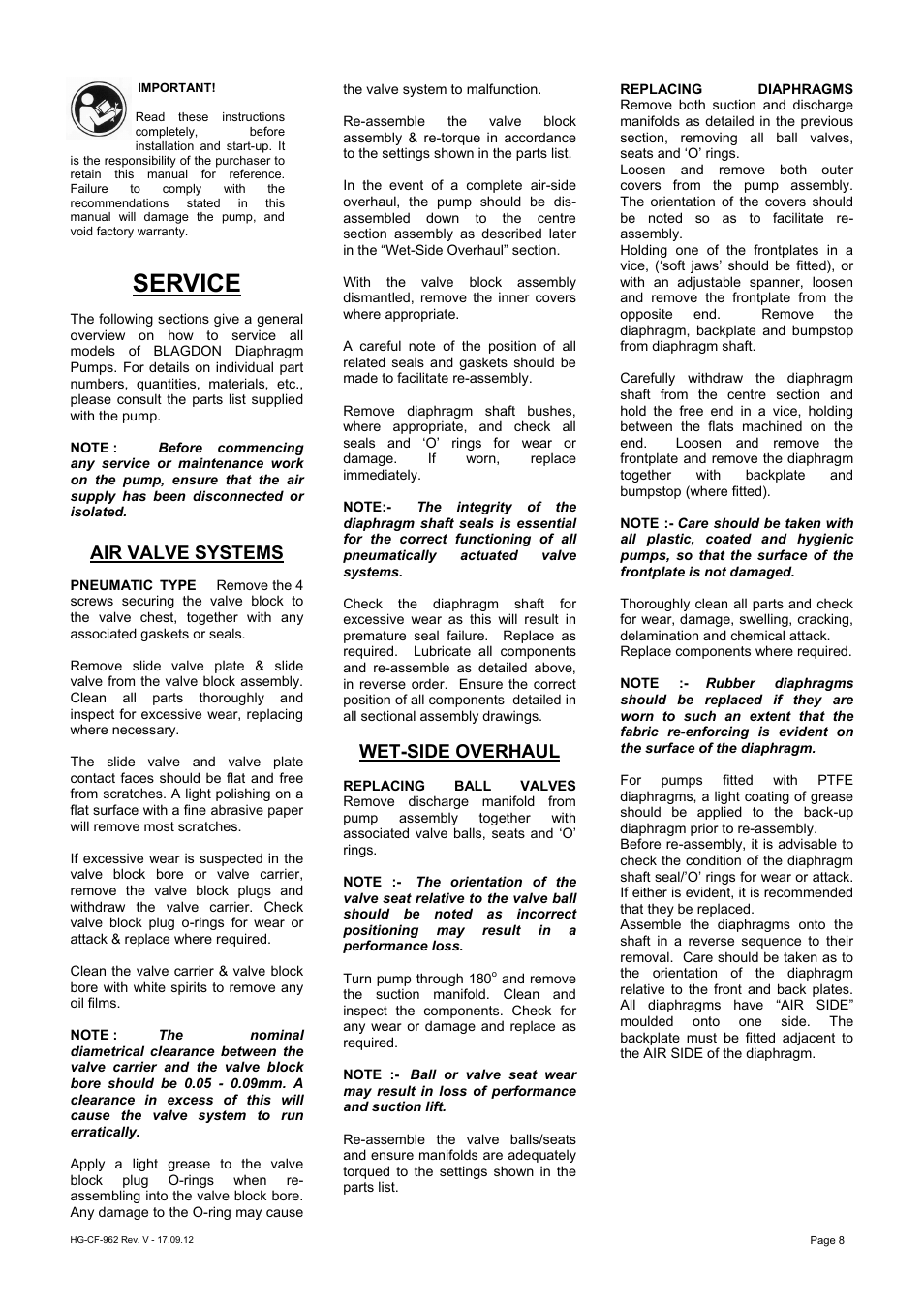 Service, Air valve systems, Wet-side overhaul | Blagdon Pump X06 Metallic User Manual | Page 8 / 12