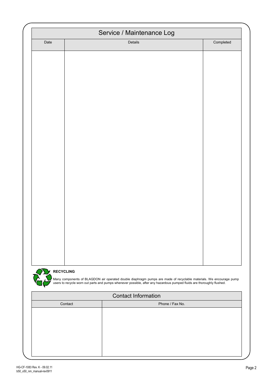 Service / maintenance log, Contact information | Blagdon Pump X50 Non-Metallic User Manual | Page 2 / 12