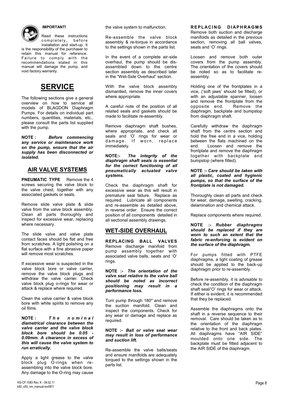 Service, Air valve systems, Wet-side overhaul | Blagdon Pump X50 Non-Metallic User Manual | Page 8 / 12