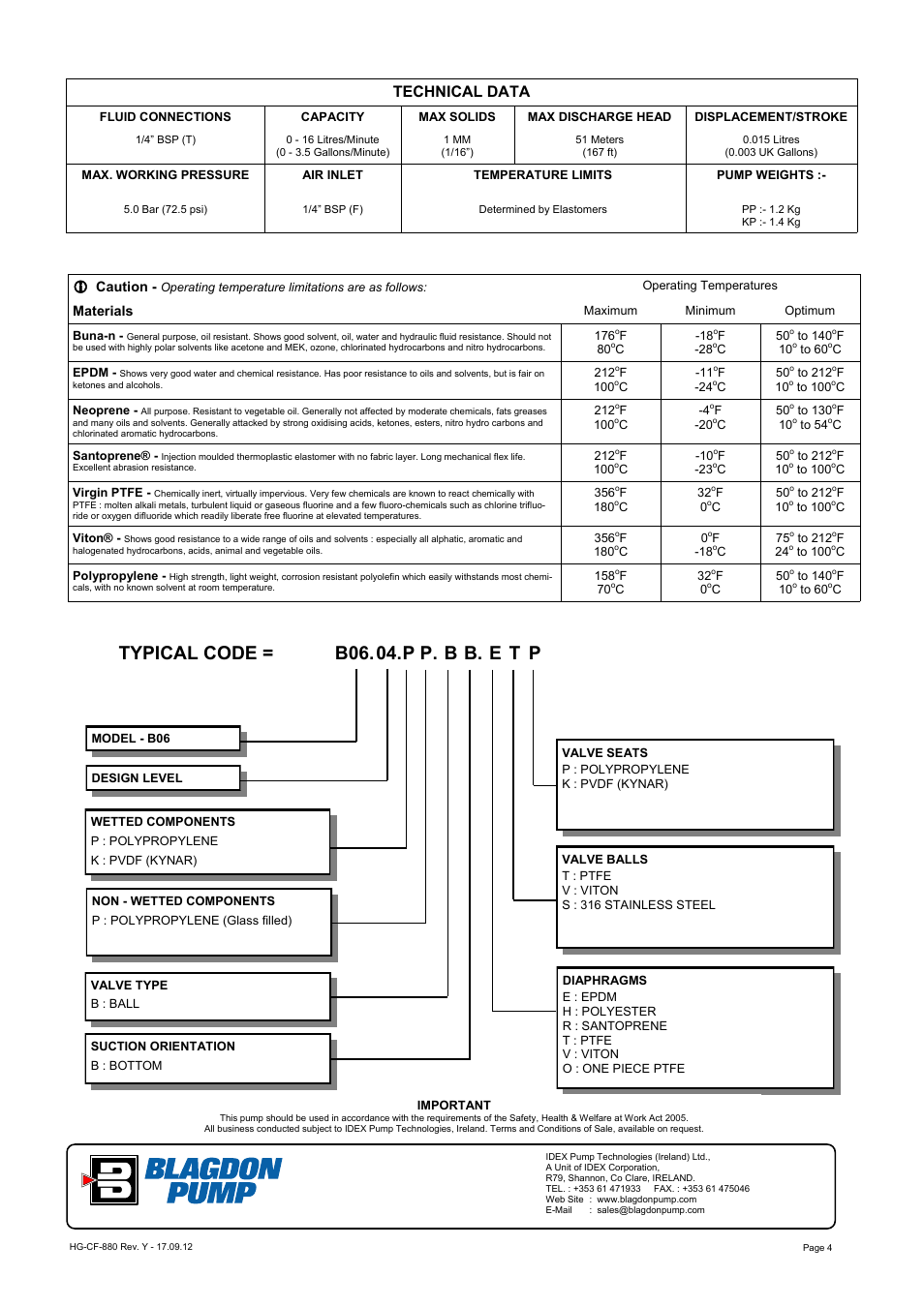 Typical code = b 06. 04. p p. b b. e t p, Technical data | Blagdon Pump B06 Non-Metallic User Manual | Page 4 / 10
