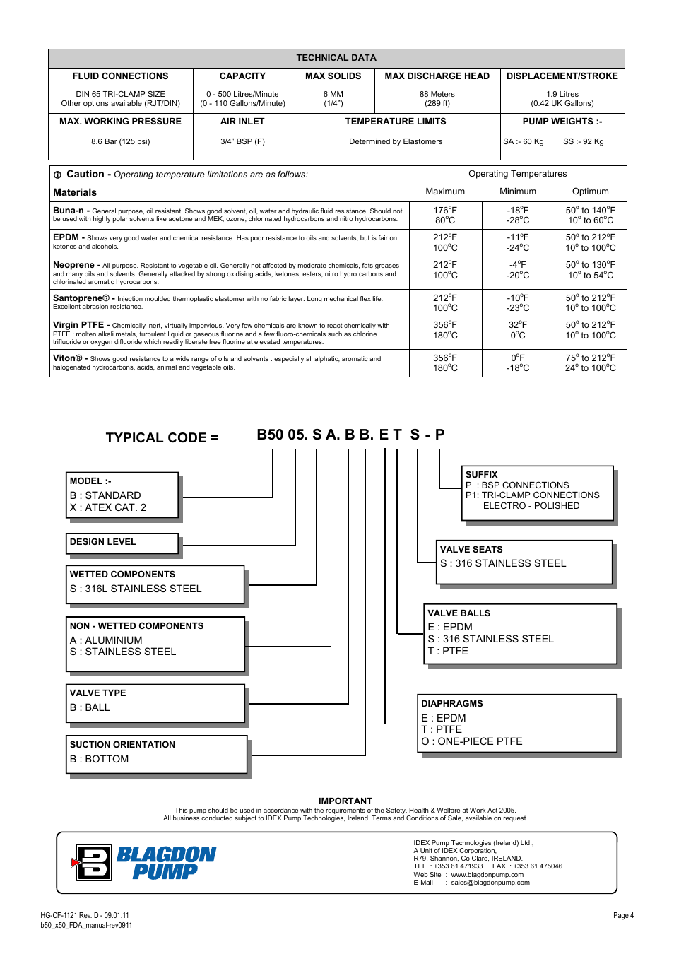 B50 05. s a. b b. e t s - p, Typical code = b50 04. s a. b b. e t s - p | Blagdon Pump X50 FDA User Manual | Page 4 / 12