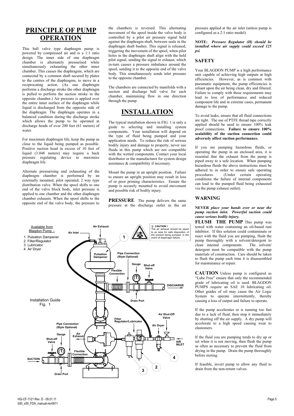 Principle of pump operation, Installation, Pressure | Safety, Warning, Flush the pump, Caution | Blagdon Pump X50 FDA User Manual | Page 5 / 12