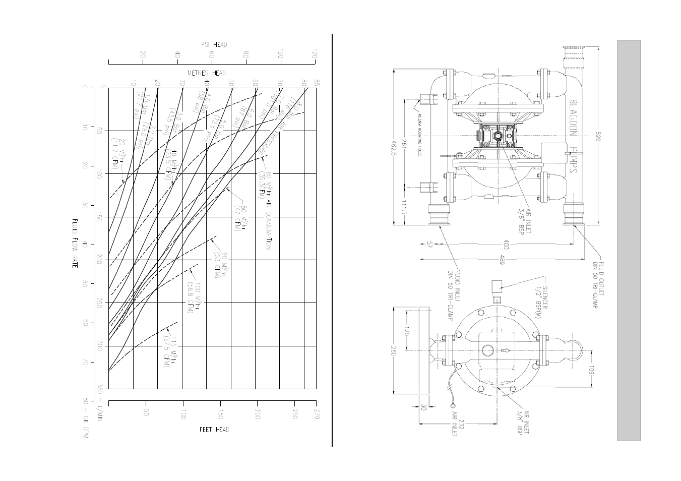 Ga dr awing & p erf or mance cur ve, B40 metallic pump performance curve | Blagdon Pump X40 FDA User Manual | Page 3 / 12