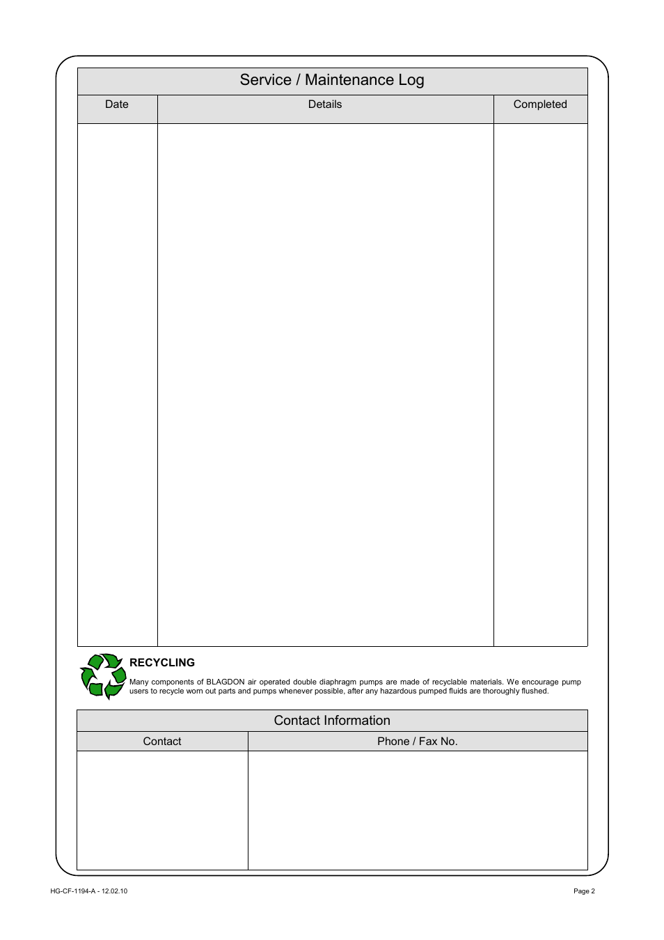 Service / maintenance log, Contact information | Blagdon Pump X25 High Pressure User Manual | Page 2 / 14