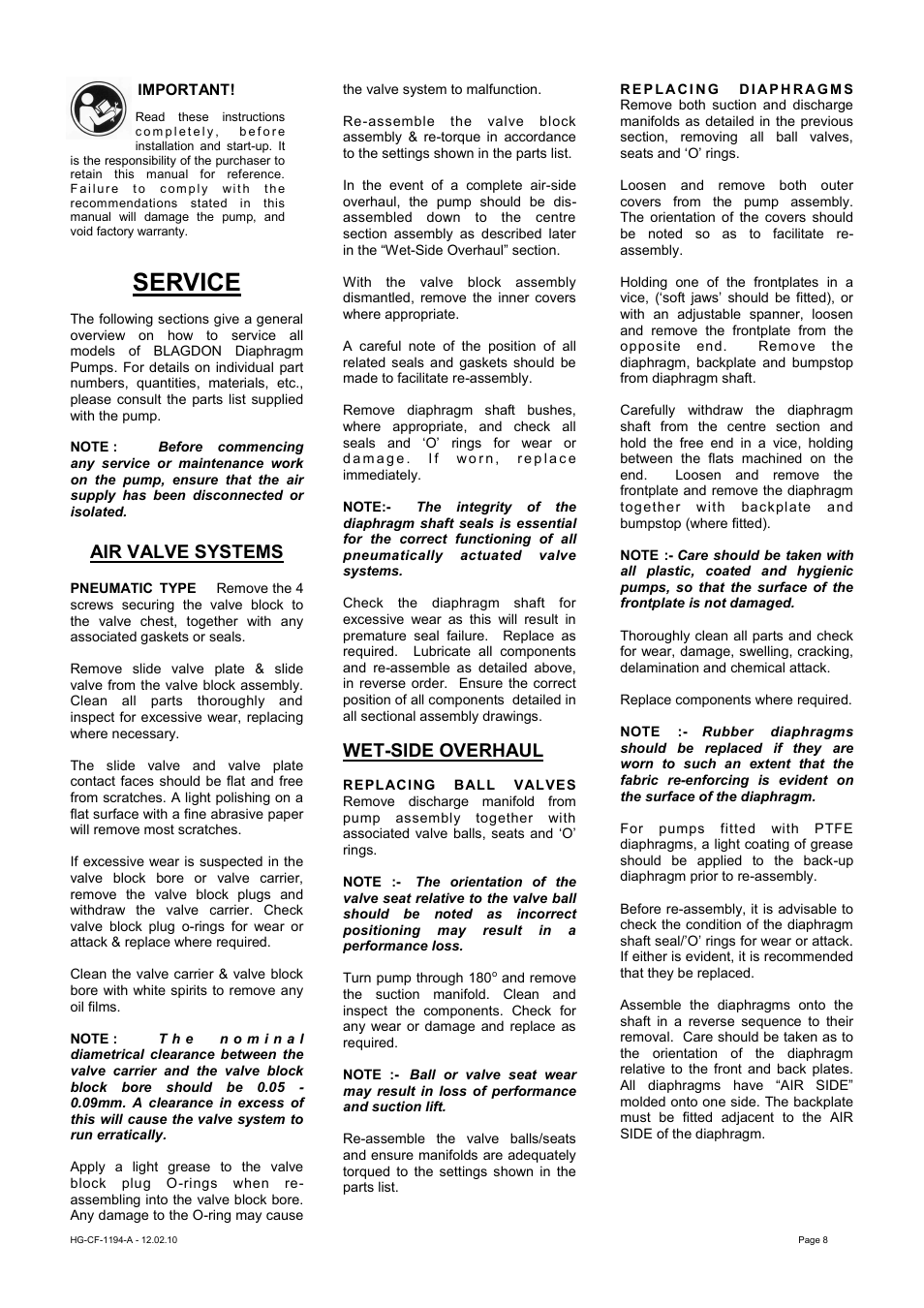 Service, Air valve systems, Wet-side overhaul | Blagdon Pump X25 High Pressure User Manual | Page 8 / 14