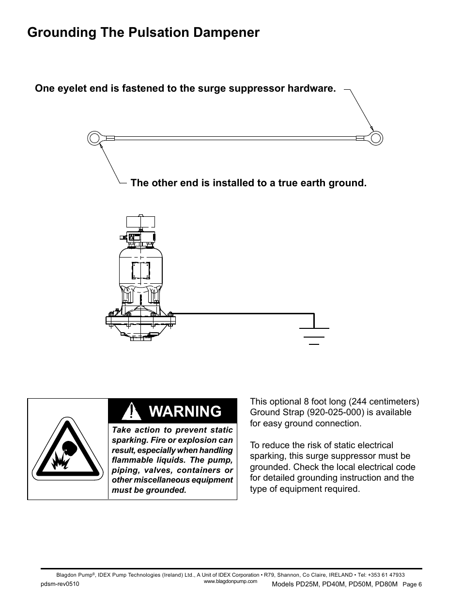 Warning, Grounding the pulsation dampener | Blagdon Pump Pulsation Dampeners User Manual | Page 8 / 15