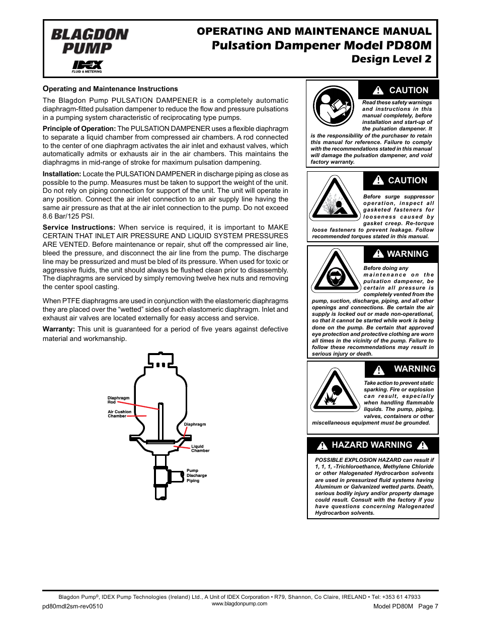 Pulsation dampener model pd80m, Design level 2, Operating and maintenance manual | Warning, Caution, Hazard warning, Warning caution | Blagdon Pump Pulsation Dampeners User Manual | Page 9 / 15