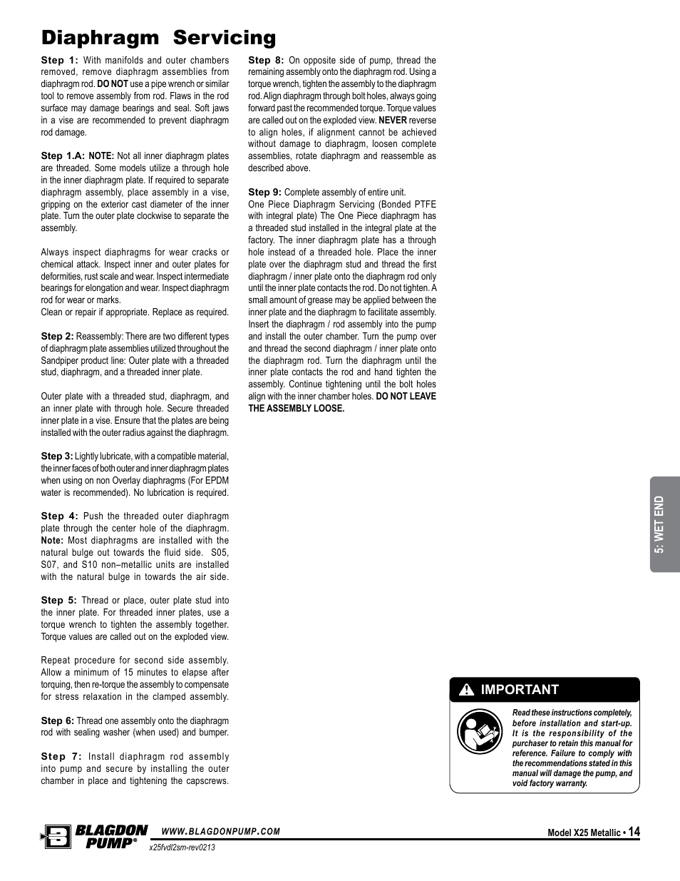 Diaphragm servicing, Important, Universal all sp | Blagdon Pump X25 Metallic Flap Valve User Manual | Page 17 / 19