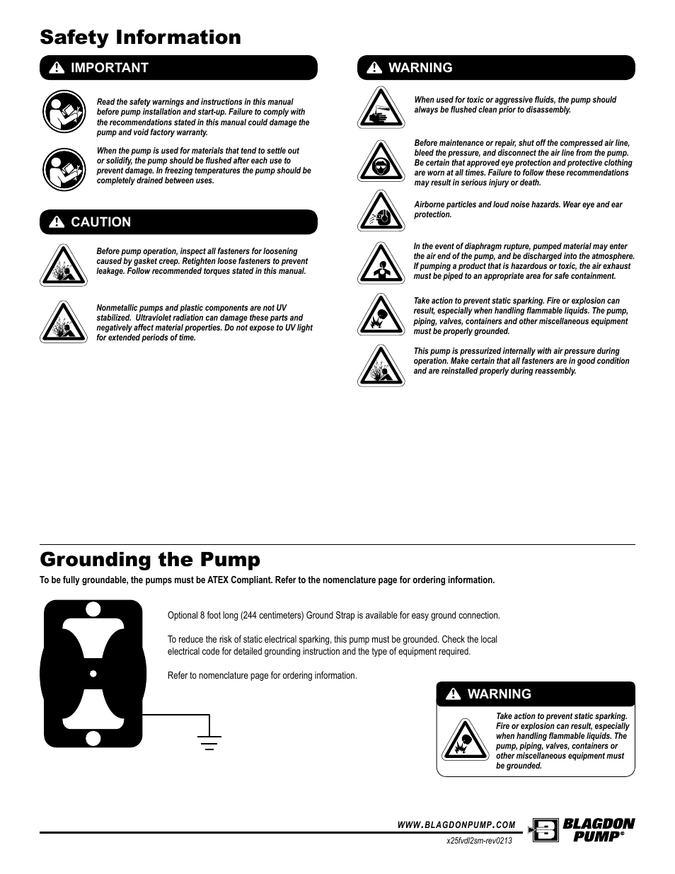 Safety information grounding the pump, Important, Caution warning | Warning, Universal all aodd | Blagdon Pump X25 Metallic Flap Valve User Manual | Page 2 / 19