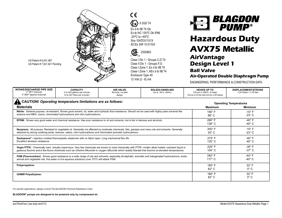 Hazardous duty avx75 metallic, Airvantage design level 1, Ball valve | Air-operated double diaphragm pump | Blagdon Pump AVX75 Metallic User Manual | Page 3 / 34