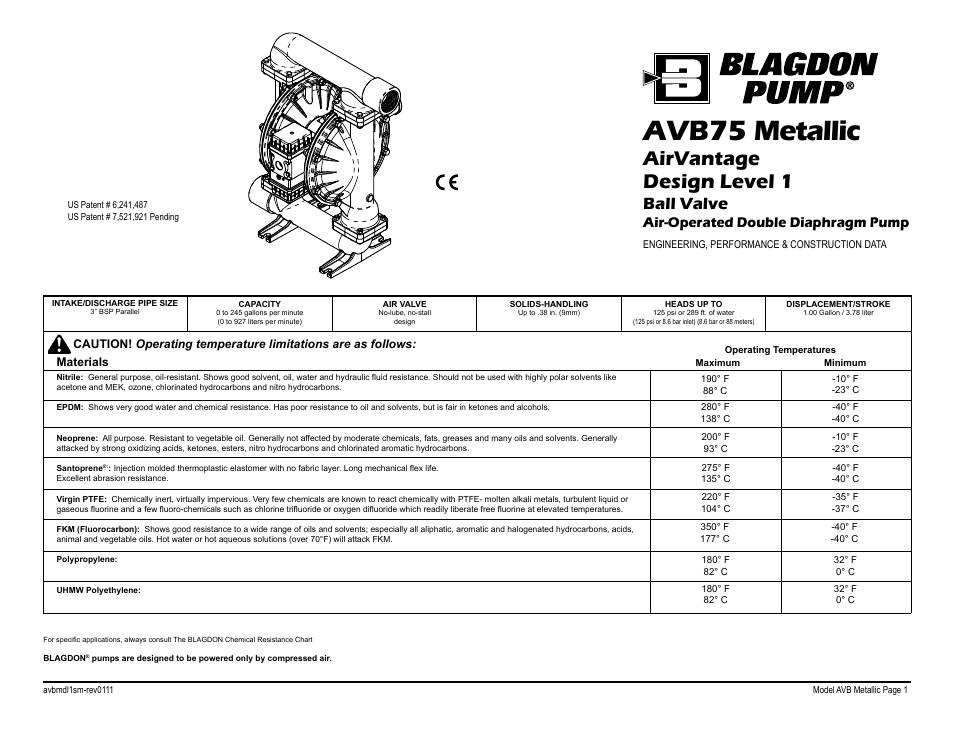 Avb75 metallic, Airvantage design level 1, Ball valve | Air-operated double diaphragm pump | Blagdon Pump AVB75 Metallic User Manual | Page 3 / 32