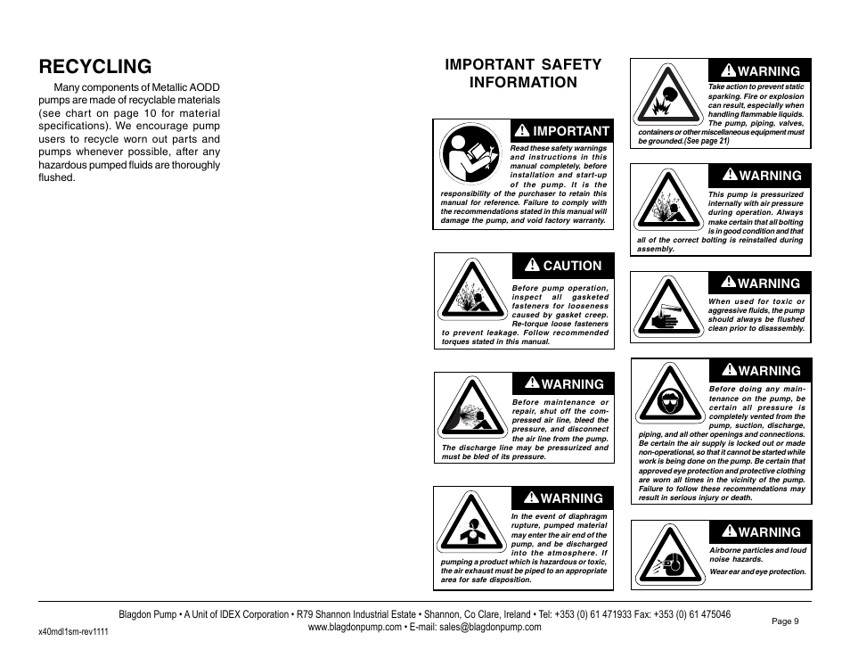 Recycling, Important safety information, Warning | Caution, Warning important | Blagdon Pump X40 Metallic User Manual | Page 11 / 25